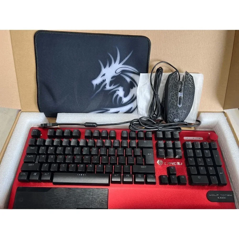 LED Multimedia Knob Mechanical Keyboard with Mouse & Mouse Pads Red/Red Backlit